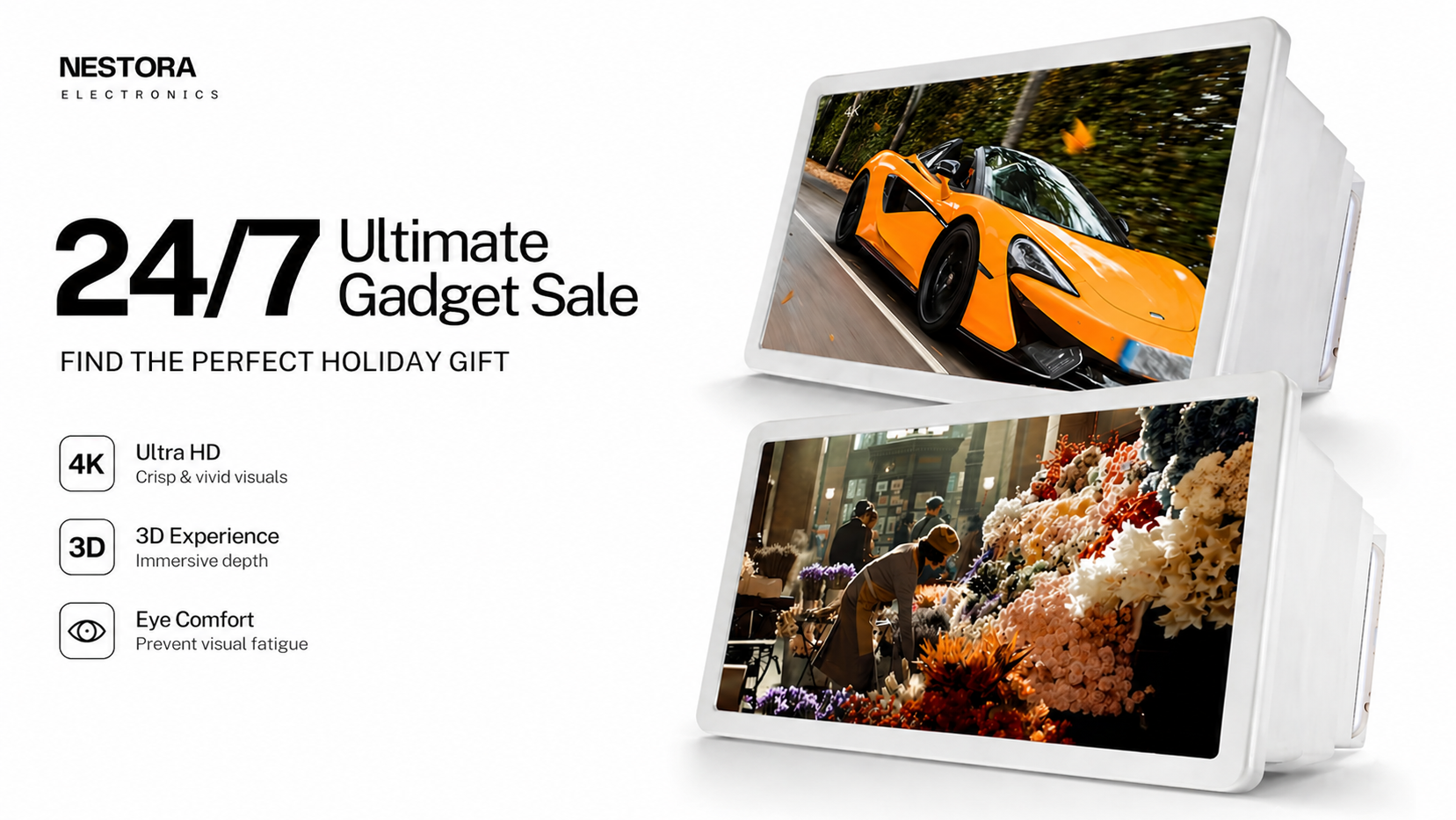 Digital display with images of a car and people, advertising a 24/7 gadget sale by Nestora Electronics.